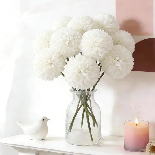 Vista 17 de Mini flores artificiales de crisantemo, 10 tallos de pompón sintético para arreglos de jarrón, decoración del hogar (beige)