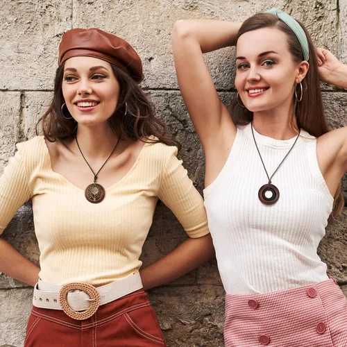 Vista 6 de 8 collares largos bohemios para mujer, collares de madera vintage, hechos a mano, hippie, de piel sintética, suéter, joyería