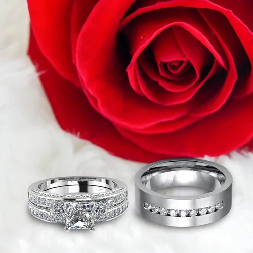 Vista 6 de Clearance - Anillos de pareja 2 en 1 para mujer, anillos de diamante vintage para boda, compromiso, chapado en oro, anillo de circonita incrustada