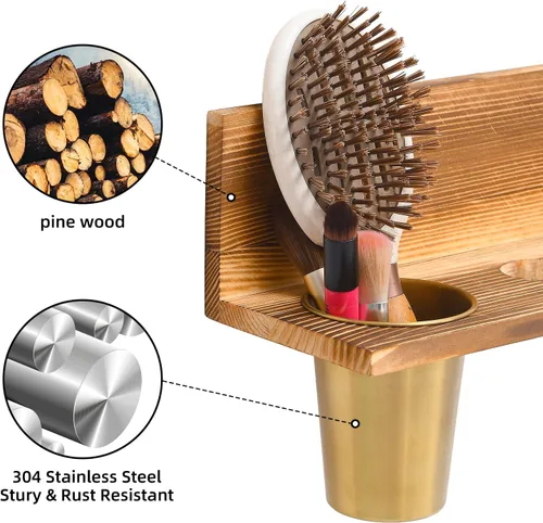 Vista 3 de UPTRUST Organizador de herramientas para el cabello de montaje en pared, juego de 2 capas de madera rústica, bandeja organizadora de productos