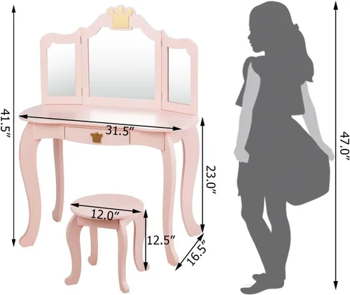 Vista 8 de KOTEK Juego de tocador para niños con espejo de tres pliegues, tocador de maquillaje de princesa con parte superior y cajón desmontables, juego
