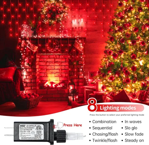 Vista 3 de Luces de Navidad para exteriores Luces de Carámbano 300 LED, 33 pies, 8 modos, luces de cadena colgantes de hadas conectables con enchufe de 30 V