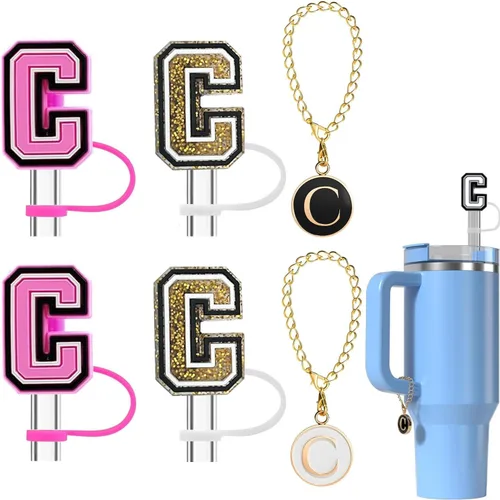 Vista 10 de Haundry Paquete de 4 fundas de popote para vaso Stanley, reutilizable, de 0.394 pulgadas, con 2 piezas de dije de letra inicial, accesorios