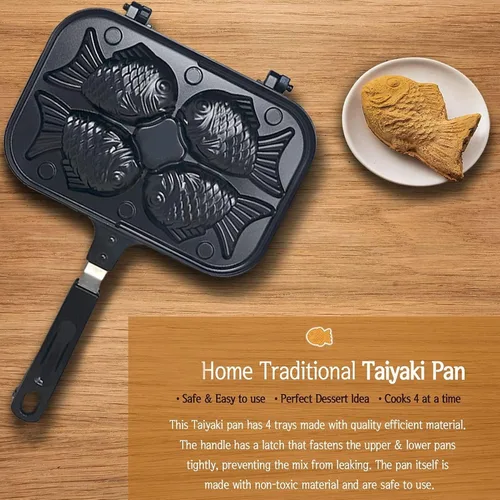 Vista 7 de Cyrank Taiyaki - Molde para pasteles en forma de pez, antiadherente para hacer gofres, molde doble para panqueques con mango largo, molde doble