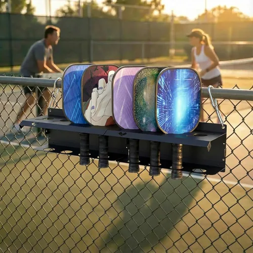 Vista 5 de Pickleball Paddle Rack, Wall or Fence Mounted Organizer Holds 4/8/12 Paddles, Expandable Design for Indoor/Outdoor