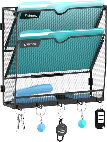 Vista 12 de 5 Tier Wall File Organizer, Metal Holder with Bottom Hooks Negro
