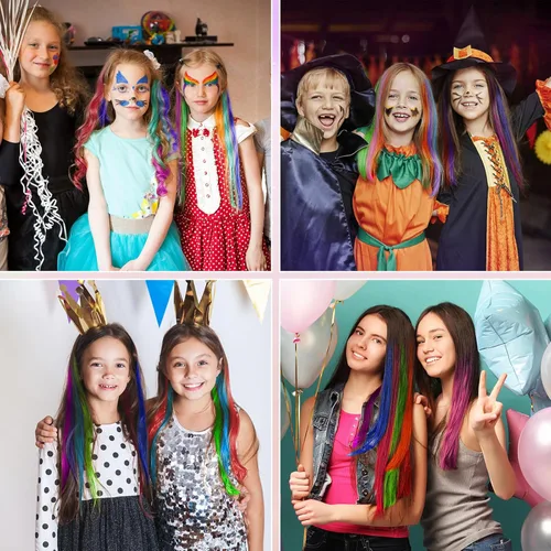 Vista 7 de Kyerivs 48 extensiones de cabello con clip de colores, regalo para niñas, extensiones de cabello arcoíris de 20 pulgadas para niñas, accesorios