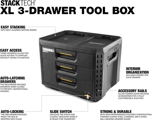 Vista 2 de ToughBuilt StackTech - Caja de herramientas de 3 cajones, caja de herramientas portátil resistente, capacidad de 50 libras, organizador