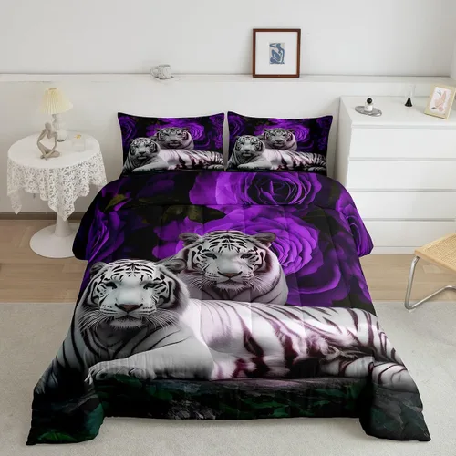 Vista 13 de Erosebridal Juego de ropa de cama de guepardo con rosa azul, juego de edredón con estampado de leopardo y gato, edredón romántico de plumón