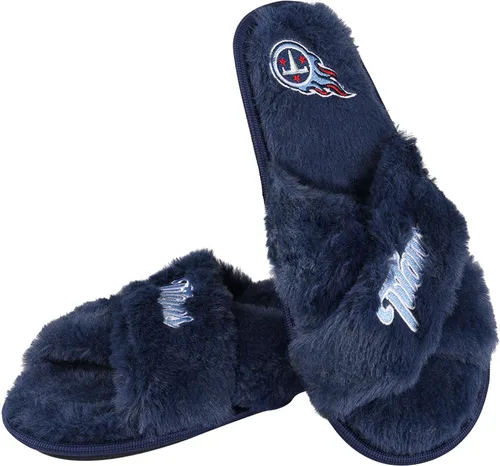 Vista 32 de FOCO Pantuflas deslizantes cruzadas mullidas con logotipo de texto del equipo NFL para mujeres