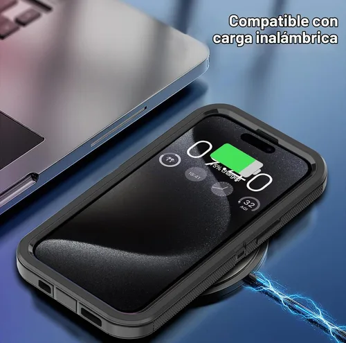 Vista 5 de Funda para iPhone 15 Pro Max con 2 protectores de pantalla, protección contra caídas a prueba de golpes, cuerpo completo, resistente, 3 capas, Negro