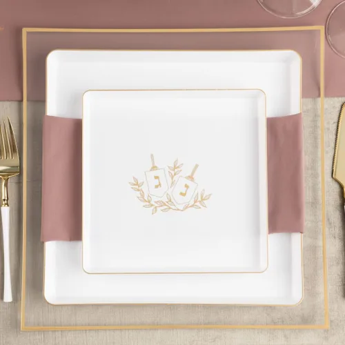 Vista 3 de 7.25" inch Square Plastic Plates Heavy Duty Plastic Hanukkah Dinner Plates with White Gold Chanukah Design Hanukkah Party Disposable Salad Plate