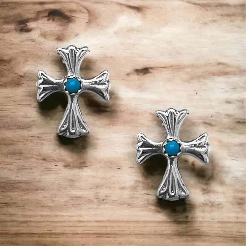 Vista 5 de Genuine Sleeping Beauty Turquoise Cross Earrings, Sterling Silver, Authentic Native American Handmade in New Mexico, USA, Post Stud, Small Blue