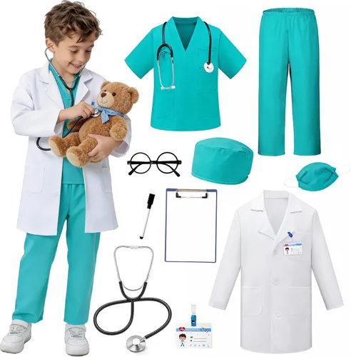 10 piezas de disfraz de médico para niños, disfraz de día de la carrera para niñas y niños, traje de médico para niños, abrigo de laboratorio,