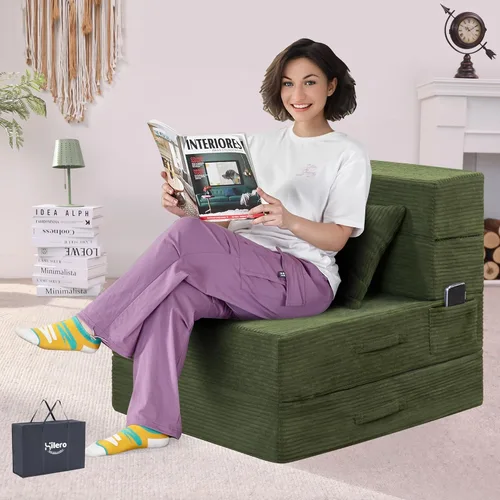 Vista 12 de Sofá Cama Individual Plegable Silla Sofá Cama con Almohada, Twin, Beige Fold out chair bed, Futon sofa bed, Extra bag included, All foam made