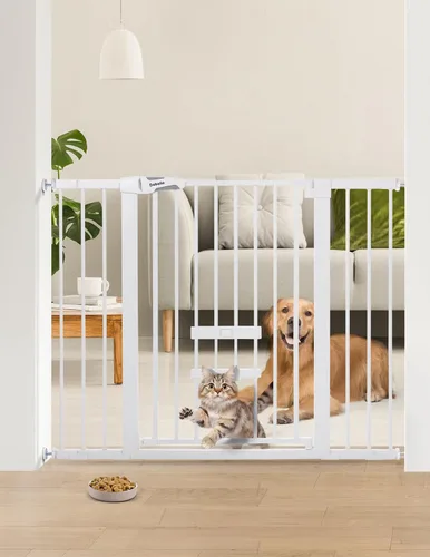Vista 15 de BABELIO Nueva Versión Puerta de Bebé con Puerta para Gatos Ajustable, Puerta de Mascotas de Metal de 29-40" para Escaleras y Puertas, Montaje a Negro