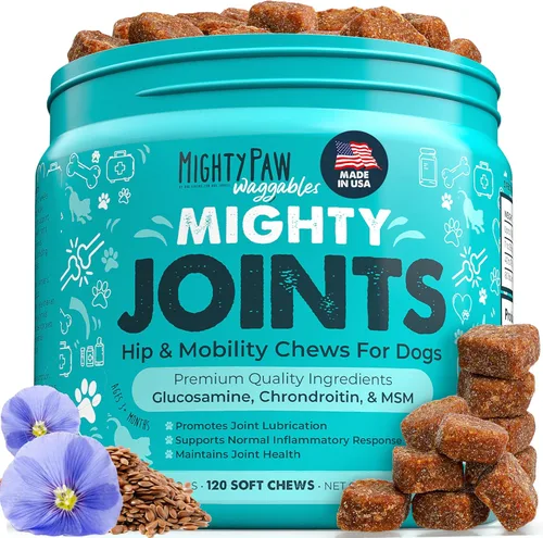 Mighty Paw Waggables Suplemento de apoyo articular para perros (fabricado en Estados Unidos) | Glucosamina para perros Suplemento de cadera y