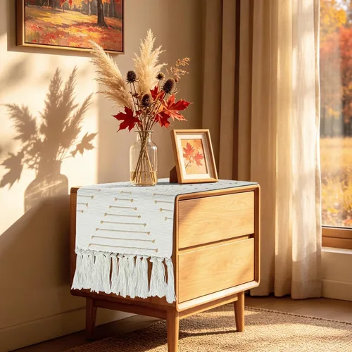 Vista 8 de Camino de mesa de otoño con borlas, camino de mesa tejido bohemio color crema para decoración de otoño de Acción de Gracias, camino de mesa auxiliar