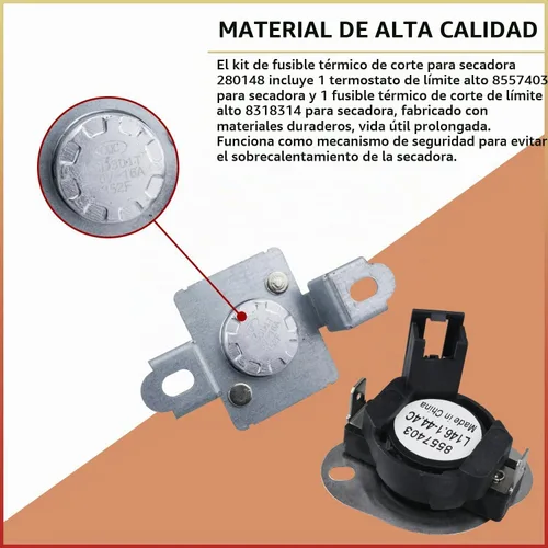 Vista 3 de Kit de corte térmico para secadora 280148, incluye termostato 8557403 8318314, pieza de repuesto de fusible térmico compatible con secadores