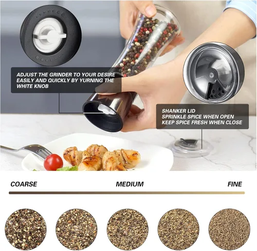 Vista 2 de VEVOK CHEF Juego de molinillo de sal y pimienta de acero inoxidable, molinillo de sal y pimienta negra con grosor ajustable, juego de salero