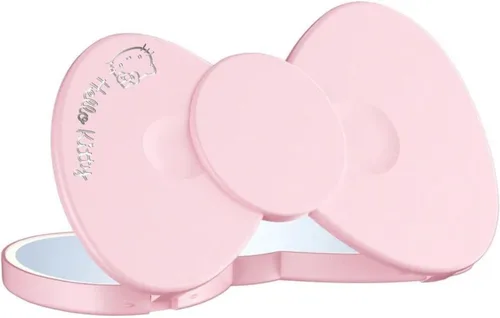 Vista 4 de Impressions Vanity - Espejo compacto LED con lazo de Hello Kitty, bonito espejo de maquillaje de viaje de doble cara, botón táctil suave con apagado