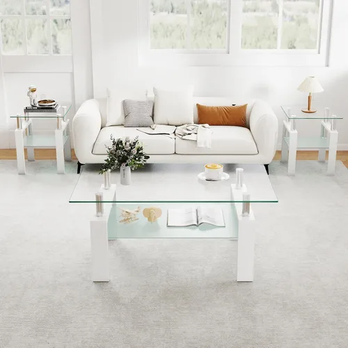 Vista 39 de IANIYA Juego de mesa de 3 piezas para sala de estar, moderno juego de mesa auxiliar de vidrio templado, mesa auxiliar de vidrio con marco de metal