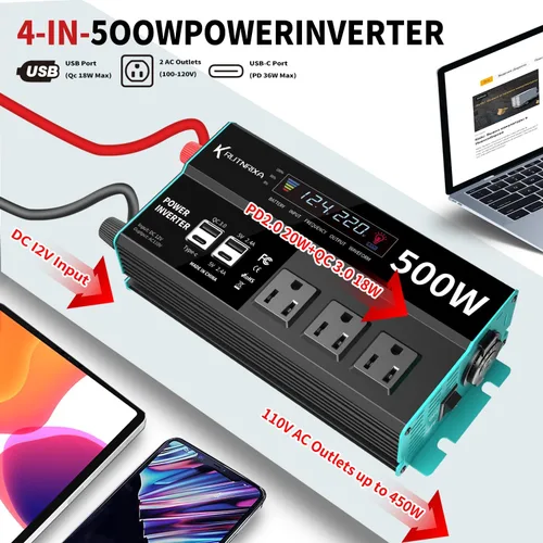 Vista 5 de Inversores de potencia de 500 W, pico de 1000 W, 12 V CC a 110 V CA, convertidor para vehículos USB-C/PD de 25 W, puertos de carga rápida, adaptador