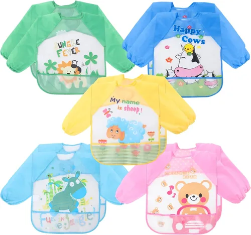 Vista 9 de Tarpop Baberos de manga larga para bebés, paquete múltiple, impermeables, de manga suave, para bebés y niños pequeños que comen alimentación