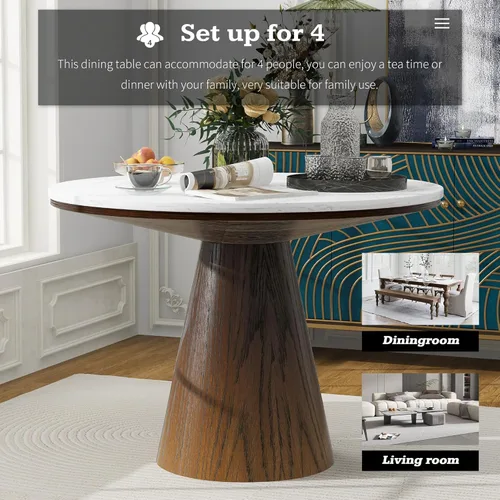 Vista 8 de Mesa de comedor redonda retro minimalista elegante para sala de estar, comedor (blanco + marrón)