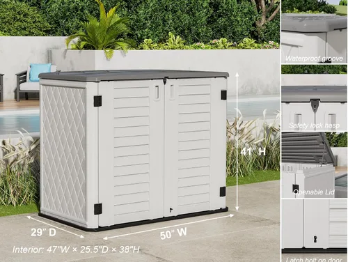 Vista 4 de ZZM Cobertizo de almacenamiento al aire libre de 4 x 2.5 pies, gabinete de almacenamiento impermeable de resina para herramientas de jardín con tapa