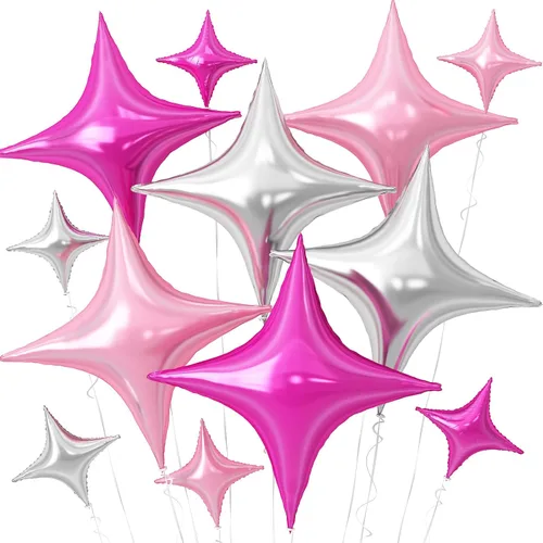Vista 32 de Globos de Estrella Negra, 12 Piezas Globos de Papel de Aluminio de Estrella de Cuatro Ángulos, 26 Pulgadas y 10 Pulgadas Globo de Película de Negro