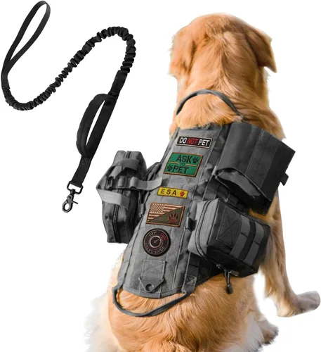 Vista 13 de AIWAI Arnés táctico para perro con bolsas, arnés de chaleco para perros grandes y medianos, arnés militar ajustable sin tirones con asa, caminar