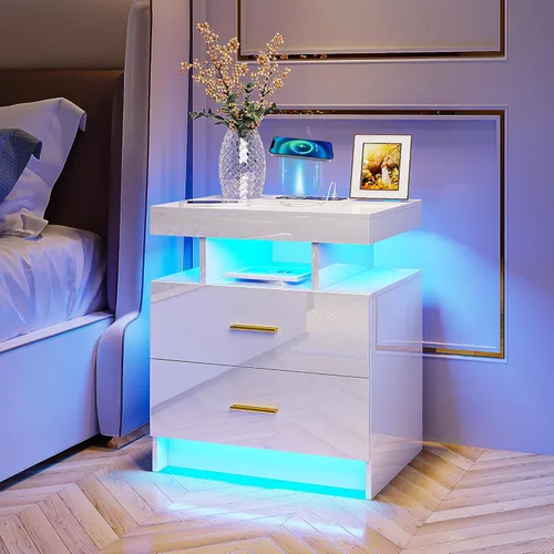 Vista 18 de HNEBC Mesita de noche LED con estación de carga (puertos USB, puertos tipo C), mesa de noche de alto brillo con 2 cajones, mesita de noche