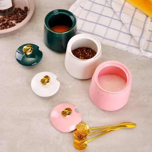 Vista 6 de WHJY Azucarero de cerámica con tapa y cuchara, recipiente de sal de porcelana transparente blanca simple, recipiente de sal, caja de especias