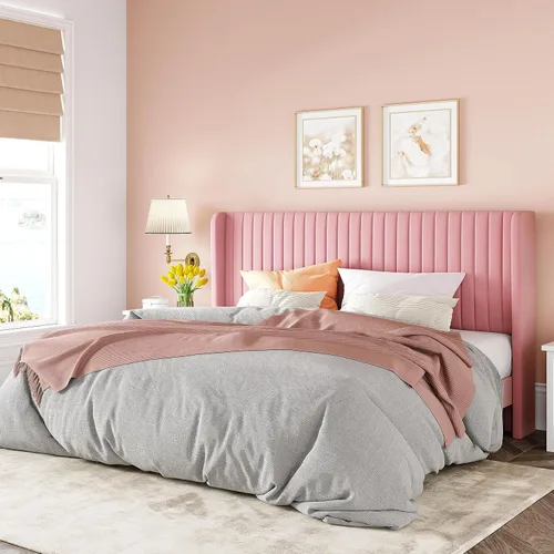 Vista 39 de Allewie Marco de cama de terciopelo tamaño Queen, cabecera capitonada con canal vertical, plataforma tapizada, listones de madera fuertes, no Blanco