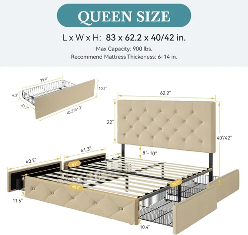 Vista 102 de HOOMIC Base de cama de almacenamiento de plataforma de tamaño matrimonial con 4 cajones y cabecera ajustable, listones de madera, no necesita