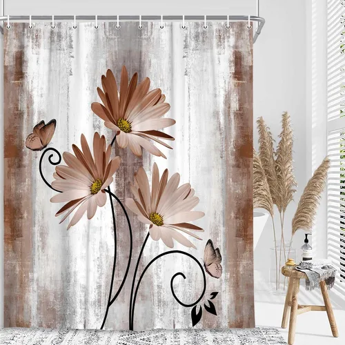 Cortina de ducha rústica con diseño floral beige, diseño bohemio de margaritas y mariposas en madera campestre, lavable a máquina, tela de poliéster