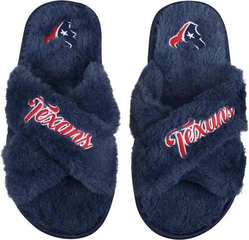 Vista 7 de FOCO Pantuflas deslizantes cruzadas mullidas con logotipo de texto del equipo NFL para mujeres