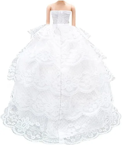 Vista 2 de E-TING Vestido de fiesta de noche de boda hecho a mano Vestido de vestido de velo para muñecas de niña (blanco)