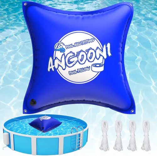 Angooni Almohada de piscina resistente de 4 x 4 pies con cuerdas de 4 x 20 pies, almohada de PVC de 0.016 in de grosor para invierno con válvula de