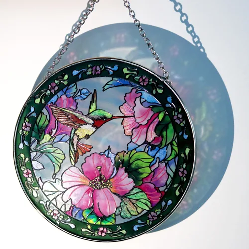 Vista 2 de Panel redondo de vitral, atrapasoles para ventana de interior, adorno para decoración del hogar (colibrí, 6.3 x 6.3 pulgadas)