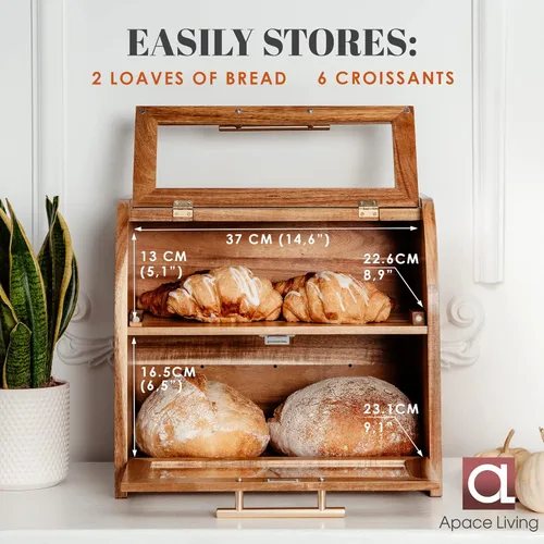 Vista 4 de Arise - Elegante caja de pan de acacia para encimera de cocina, contenedor de almacenamiento de pan de madera extra grande de 2 estantes