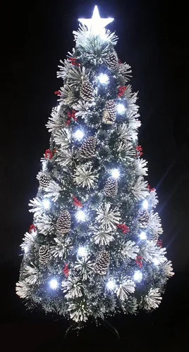Árbol de navidad preiluminado, blanco nieve, árbol de navidad con fibra óptica con luz LED blanca y punta de estrella