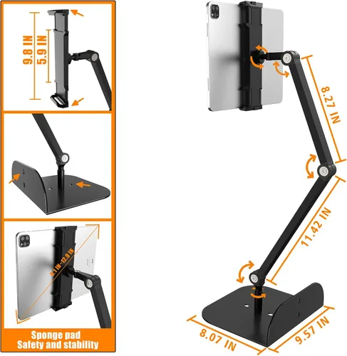 Vista 4 de Soporte para teléfono y tablet para cama, sofá y escritorio, base de doble peso, soporte elástico con brazo ajustable, compatible con iPad mini Air