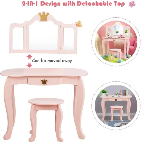Vista 3 de KOTEK Juego de tocador para niños con espejo de tres pliegues, tocador de maquillaje de princesa con parte superior y cajón desmontables, juego