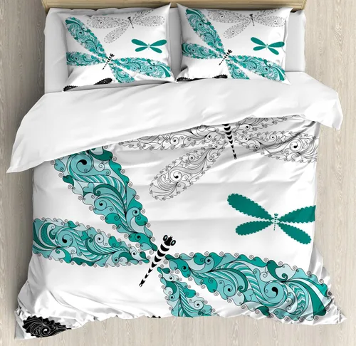 Vista 142 de Ambesonne Hawaii - Juego de funda de edredón de verano, palmeras y hojas exóticas de helecho, fondo colorido abstracto, juego de ropa de cama