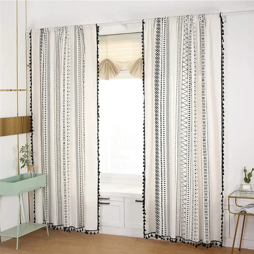 Vista 4 de Cortinas de lino bohemio de estilo rústico con bolsillo para barra, cortinas semiopacas para sala de estar, juego de 2 paneles de cortina, cortinas