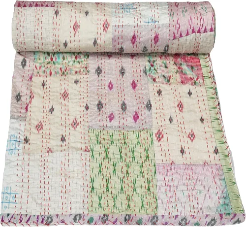 Vista 8 de Marubhumi Colcha india hecha a mano de seda india Sari Kantha acolchado patchwork (beige, individual (60 x 90 pulgadas)
