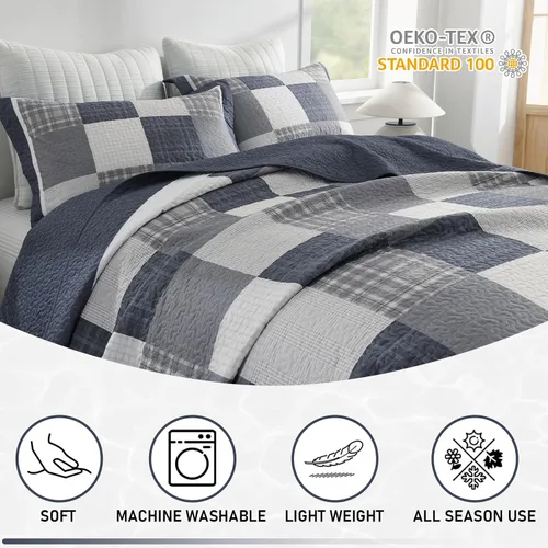 Vista 8 de KALOOLA Colcha de granja tamaño King – Juego de ropa de cama acolchado ligero 100% algodón, 3 piezas, colcha a cuadros estampada con 2 fundas