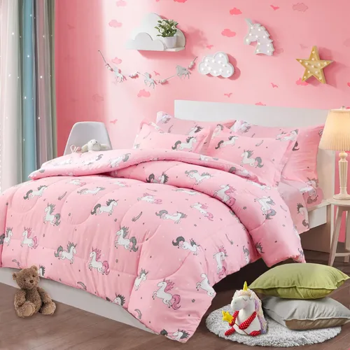 UOZZI BEDDING Bed in a Bag - Juego de edredón reversible de 6 piezas, tamaño individual, color rosa unicornio con estrella arcoíris, microfibra
